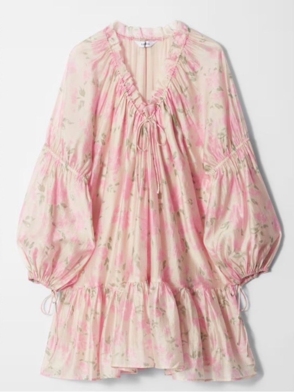 & Other Stories Cream and Pink Floral Ruffle Tunic Dress